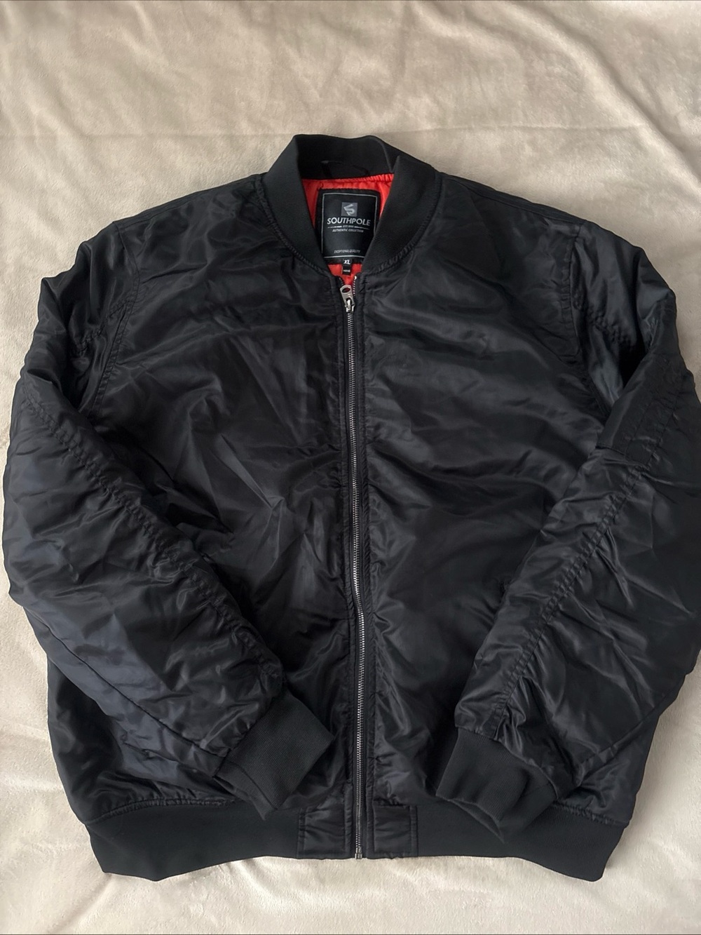 South Pole Black MA-1 Flight Bomber Jacket Orange Lining Mens Size XL